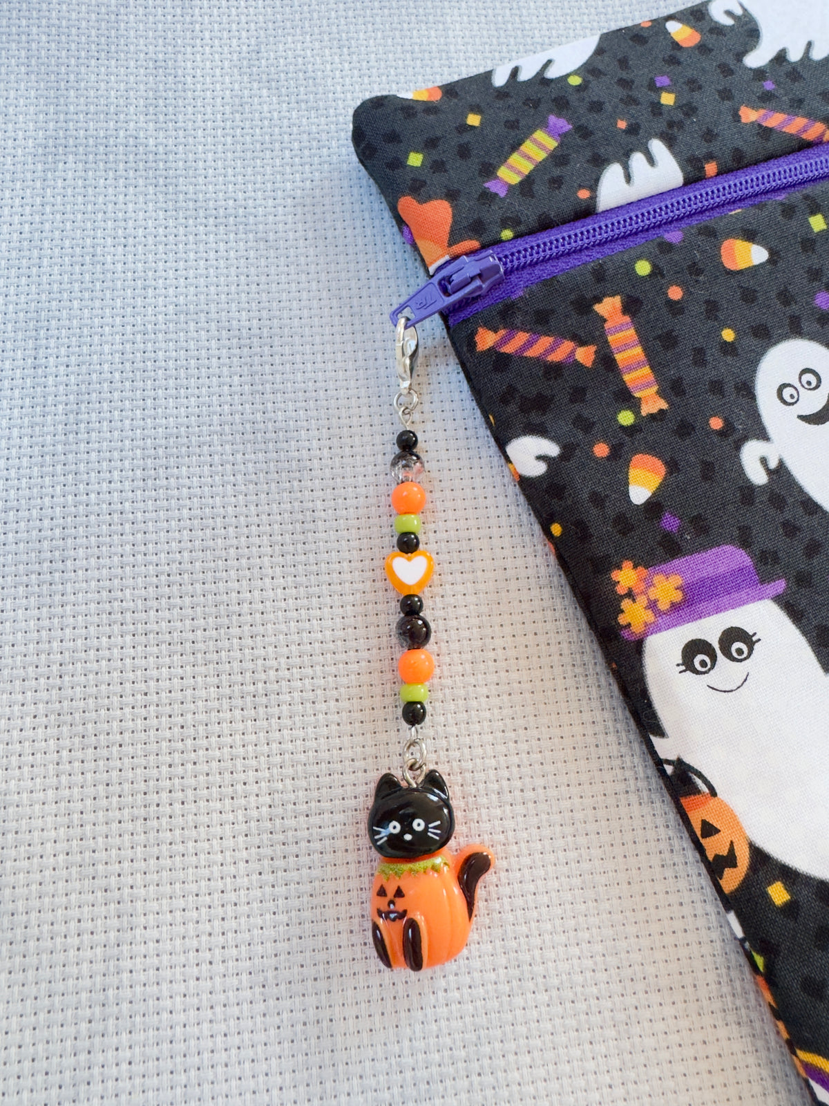Cat in Pumpkin Bag Zip Charm