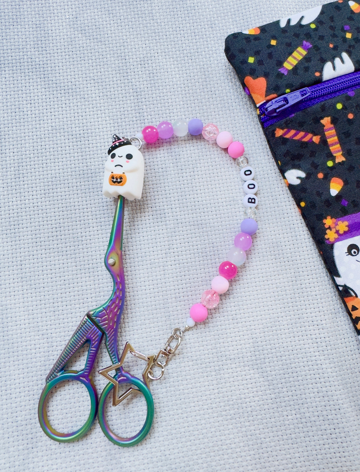 Cute Ghost with Pumpkin Bucket Scissor Fob - Pink & Lilac - With Scissor Protector