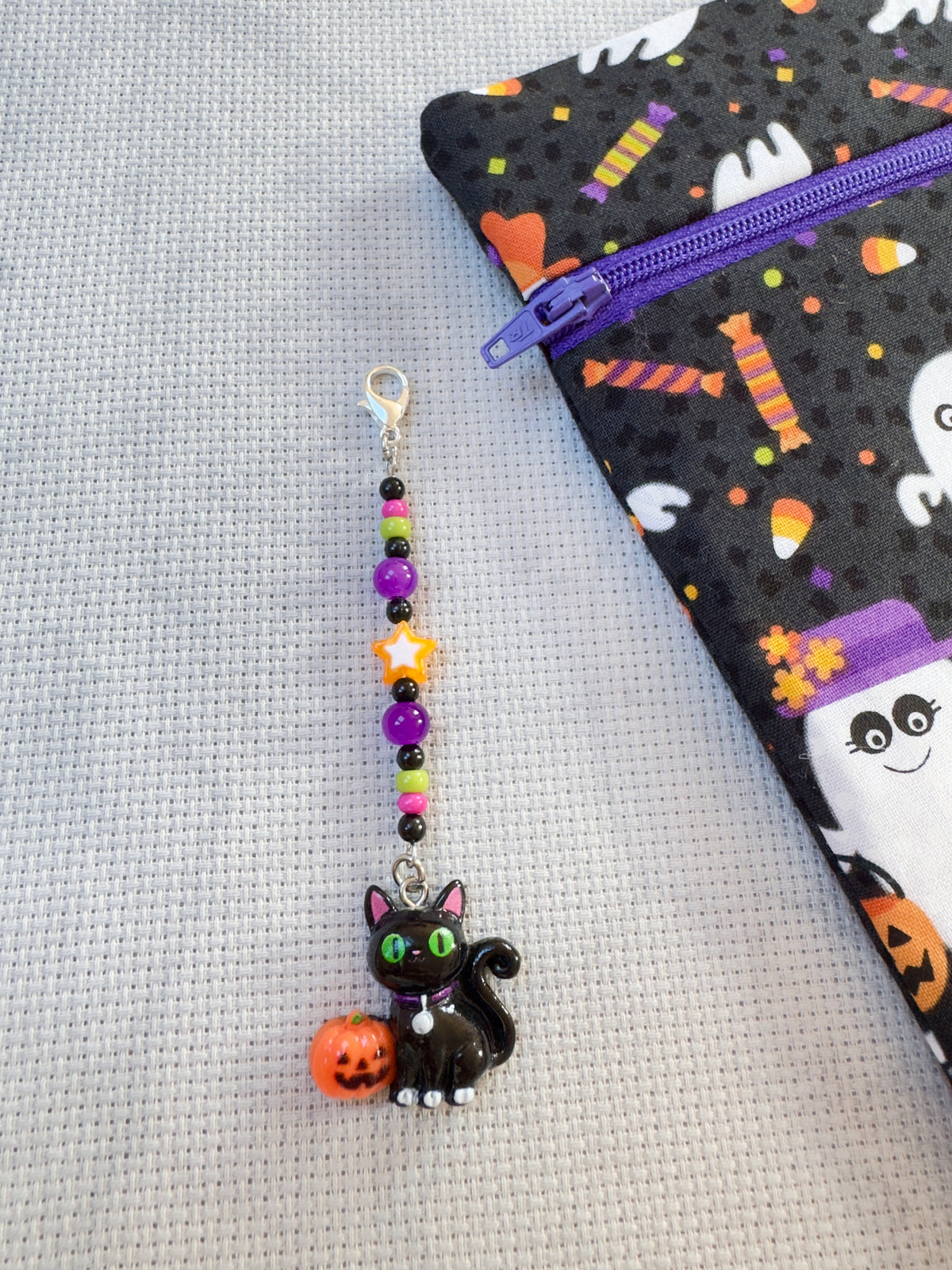 Black Cat with Pumpkin Project Bag Zip Charm