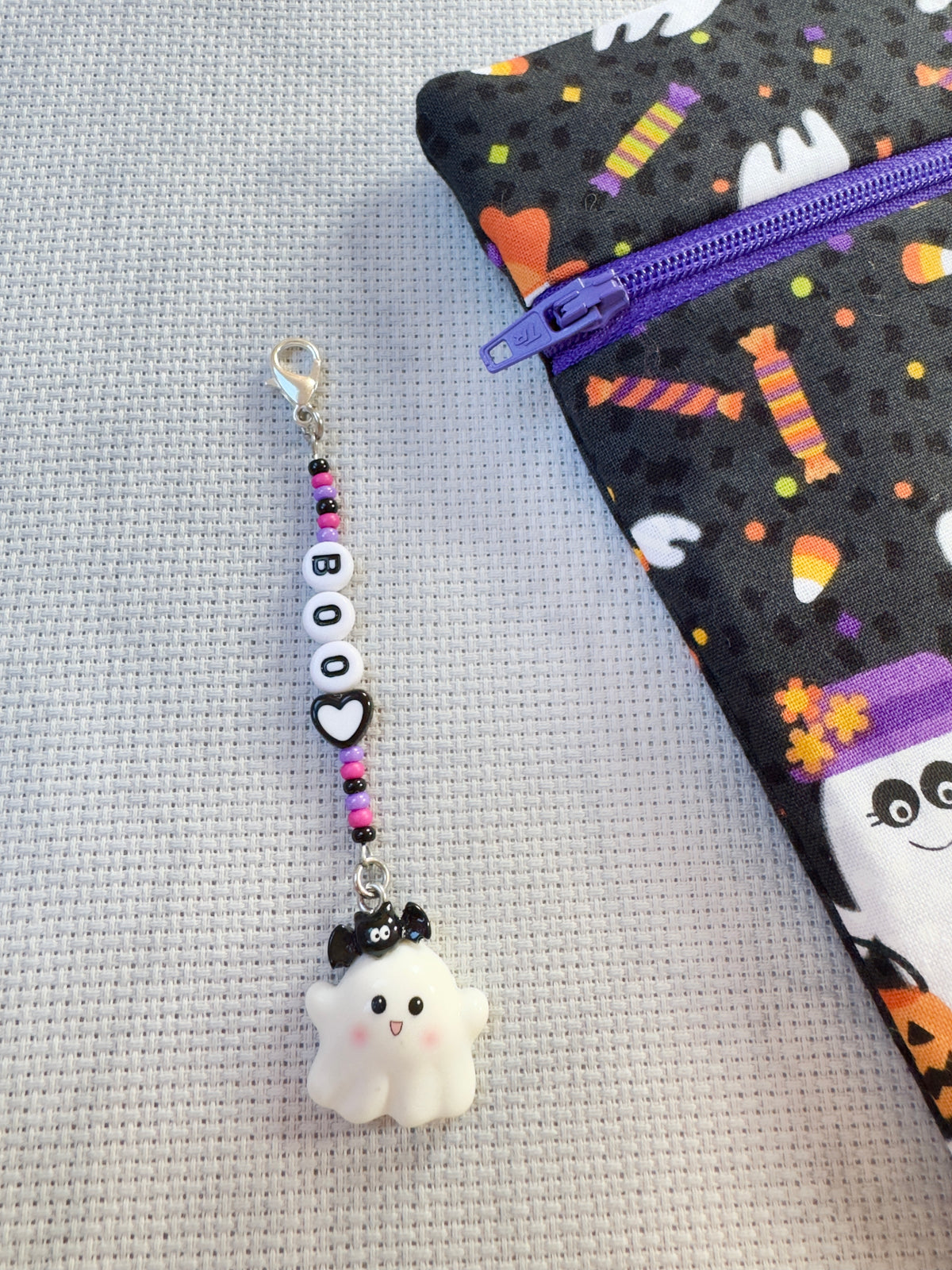 Boo Cute Ghost (Purple, Pink & Black) Project Bag Zip Charm