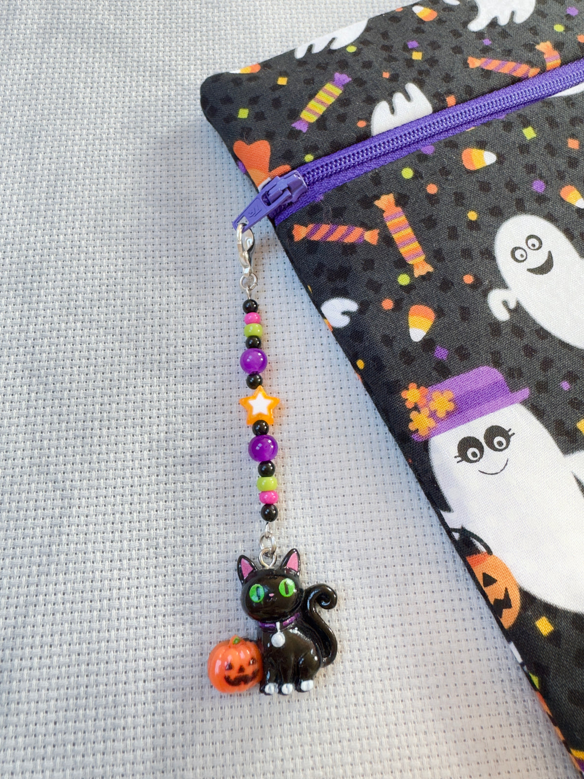 Black Cat with Pumpkin Project Bag Zip Charm