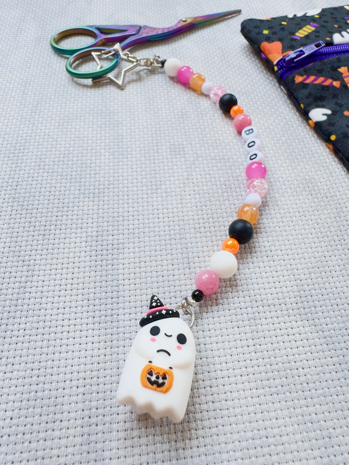 Cute Ghost with Pumpkin Bucket Scissor Fob - Black & Pink Mix - With Scissor Protector