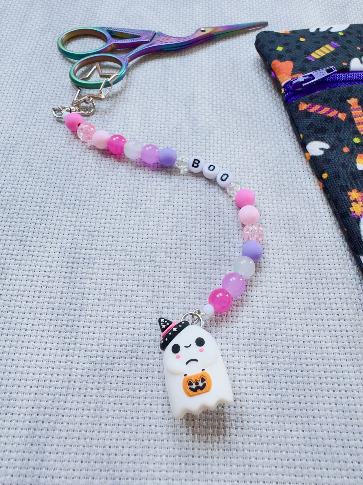 Cute Ghost with Pumpkin Bucket Scissor Fob - Pink & Lilac - With Scissor Protector