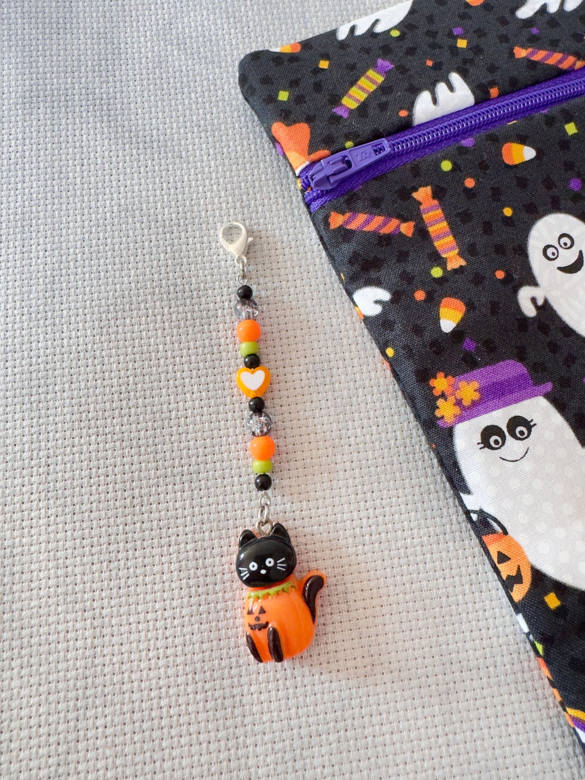 Cat in Pumpkin Bag Zip Charm