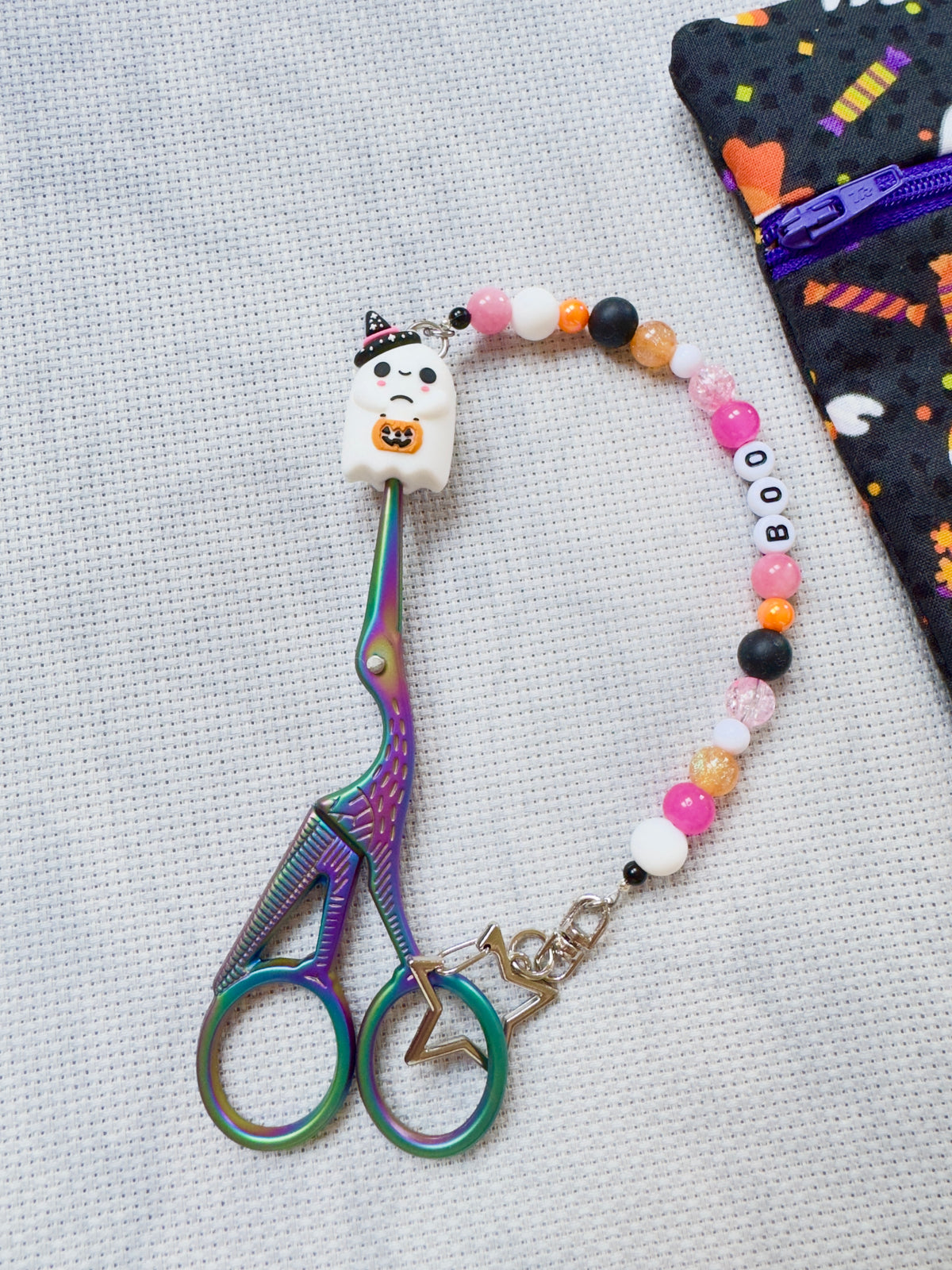 Cute Ghost with Pumpkin Bucket Scissor Fob - Black & Pink Mix - With Scissor Protector