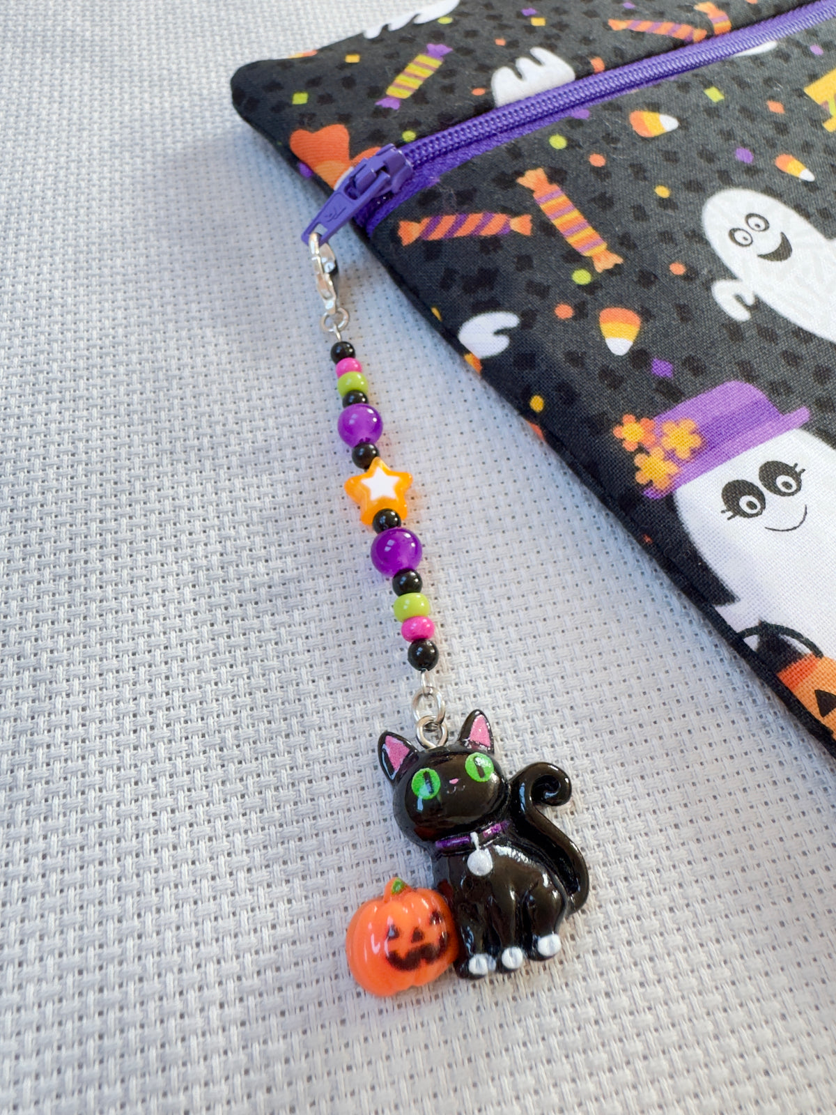 Black Cat with Pumpkin Project Bag Zip Charm