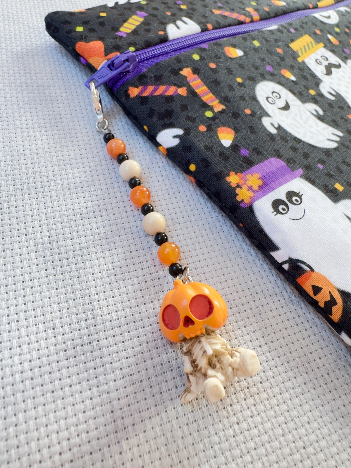 Pumpkin Sitting Skeleton Project Bag Zip Charm