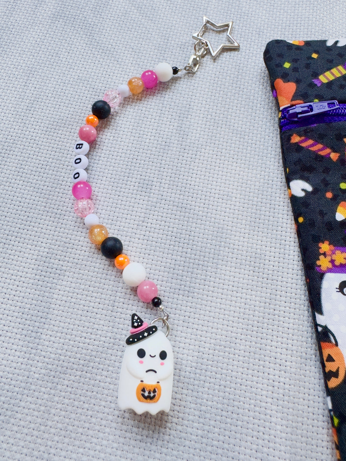 Cute Ghost with Pumpkin Bucket Scissor Fob - Black & Pink Mix - With Scissor Protector