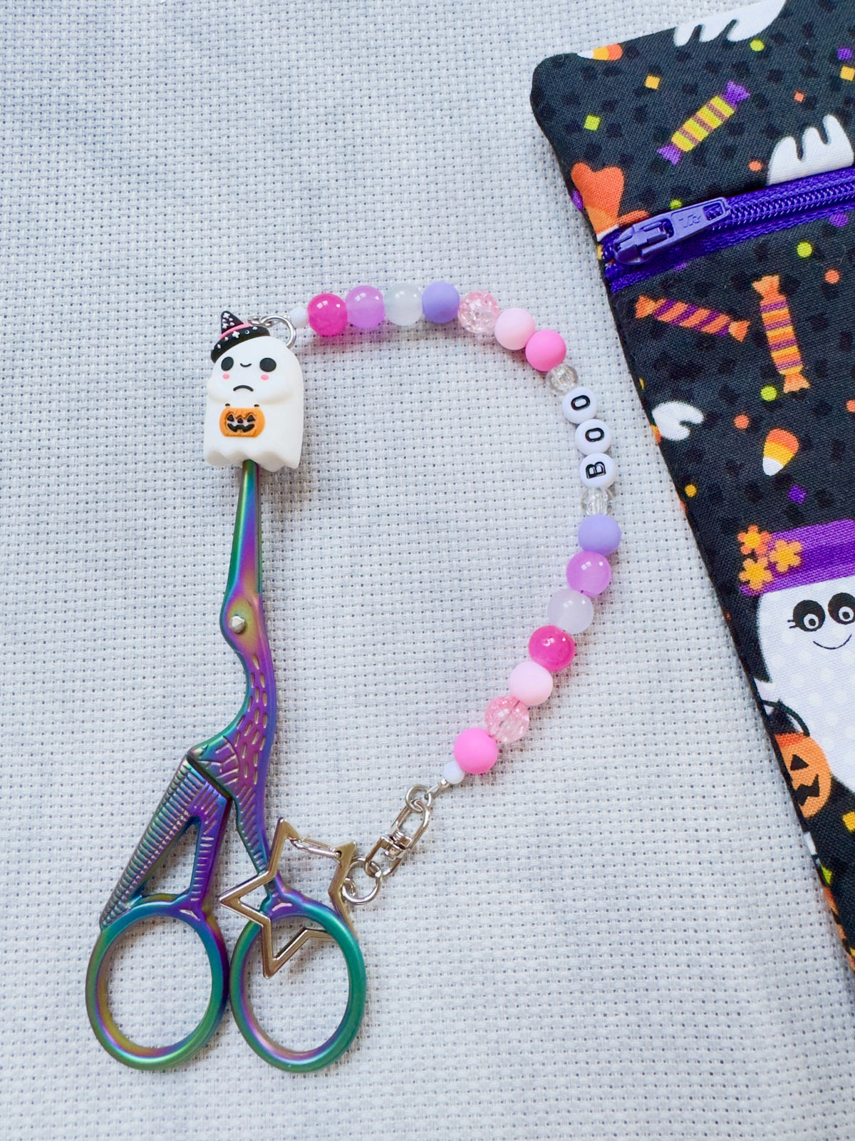 Cute Ghost with Pumpkin Bucket Scissor Fob - Pink & Lilac - With Scissor Protector