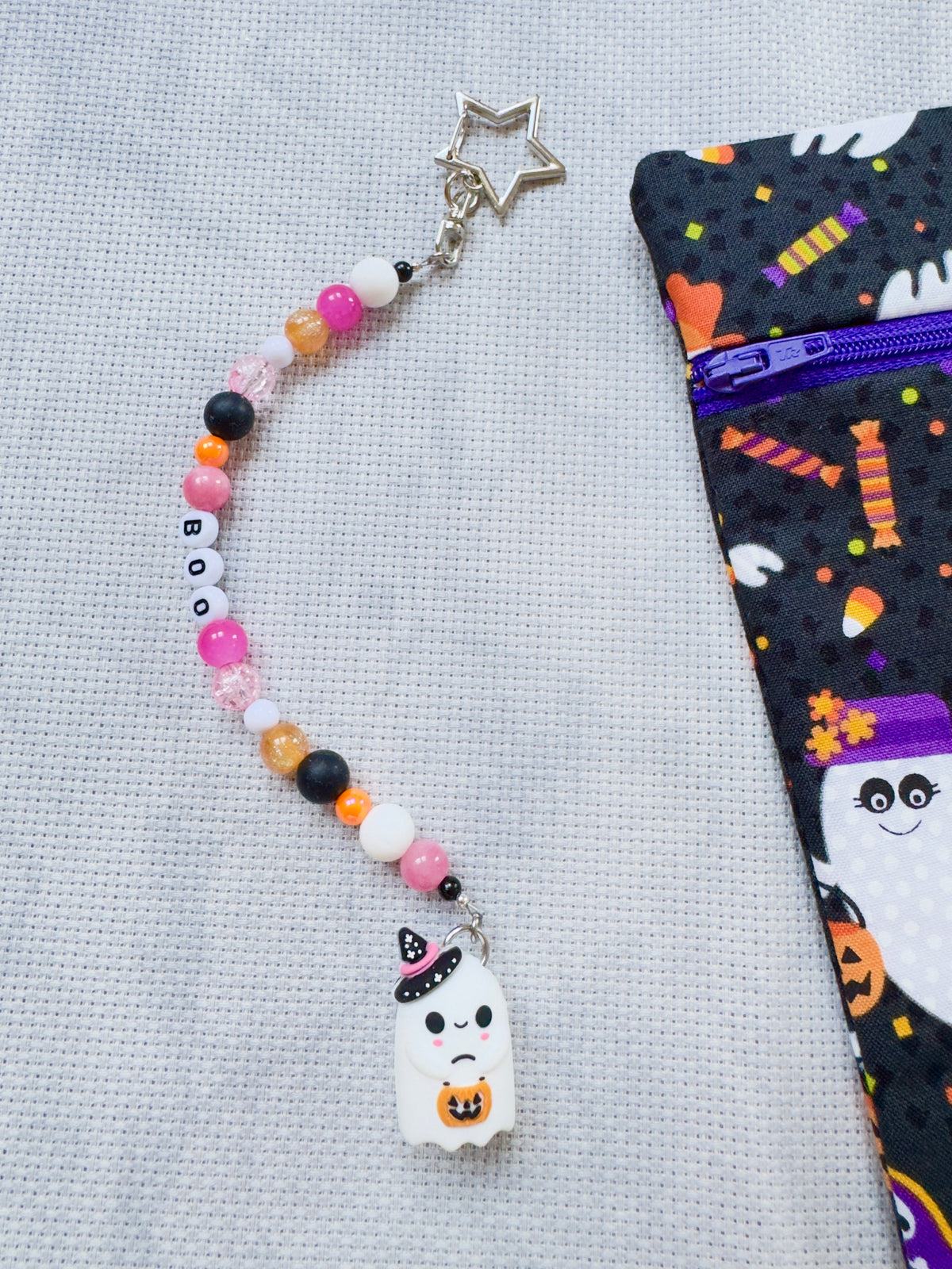 Cute Ghost with Pumpkin Bucket Scissor Fob - Black & Pink Mix - With Scissor Protector