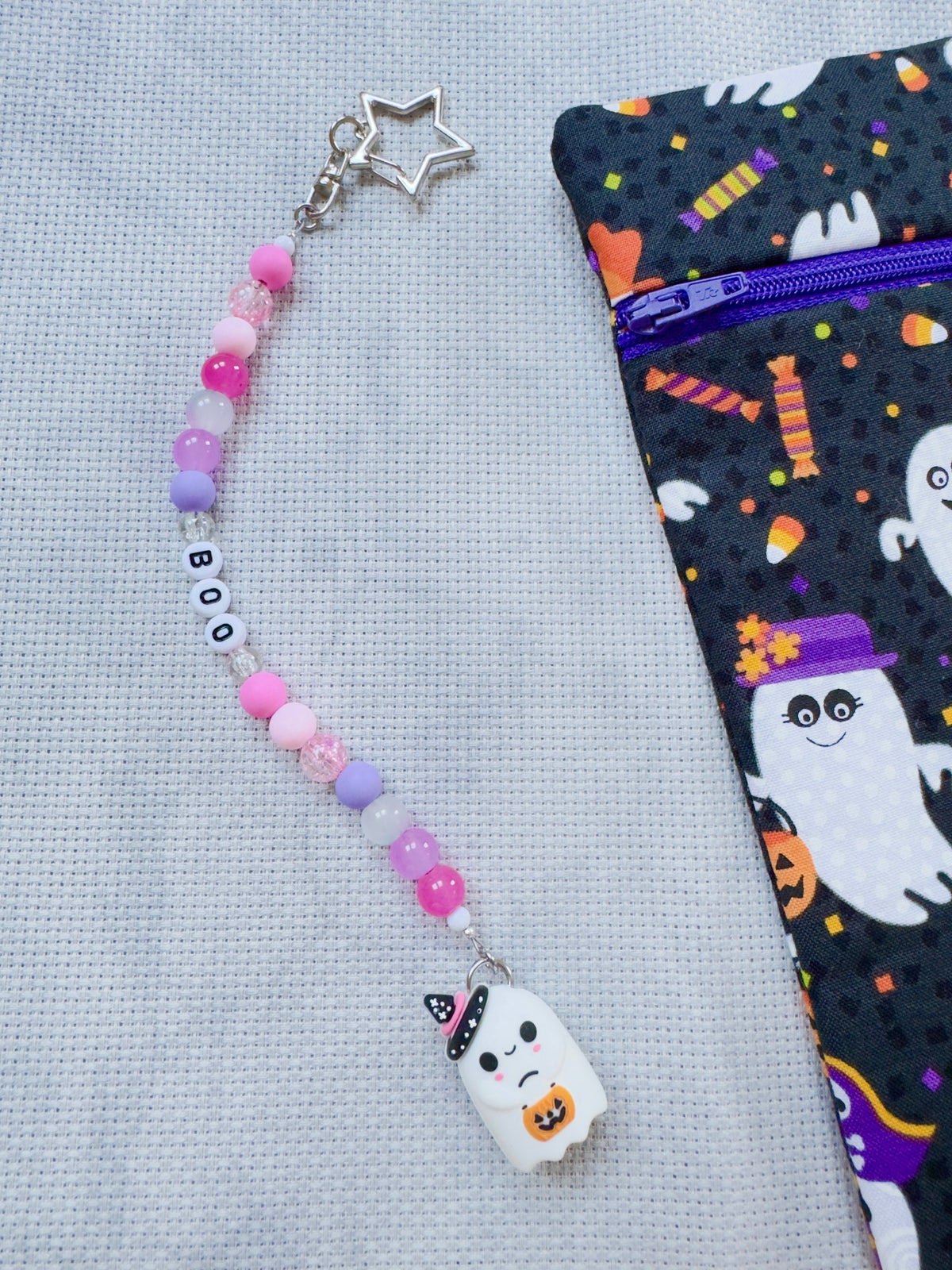 Cute Ghost with Pumpkin Bucket Scissor Fob - Pink & Lilac - With Scissor Protector
