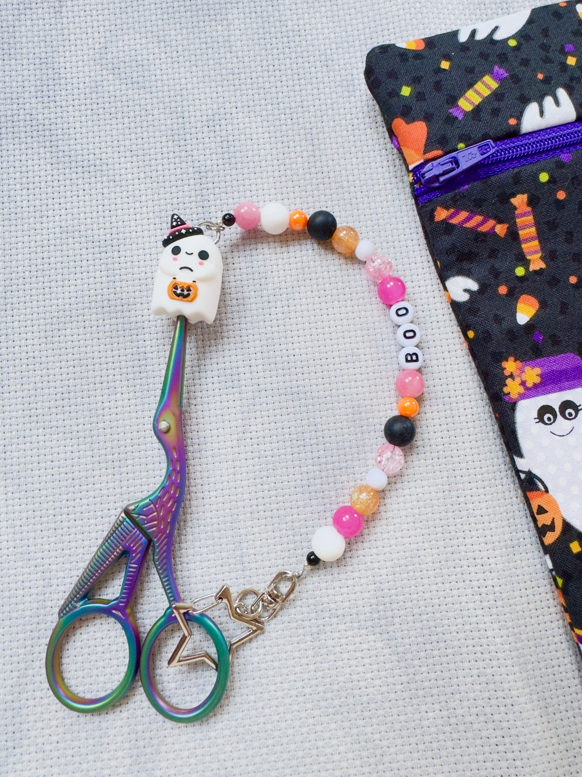 Cute Ghost with Pumpkin Bucket Scissor Fob - Black & Pink Mix - With Scissor Protector