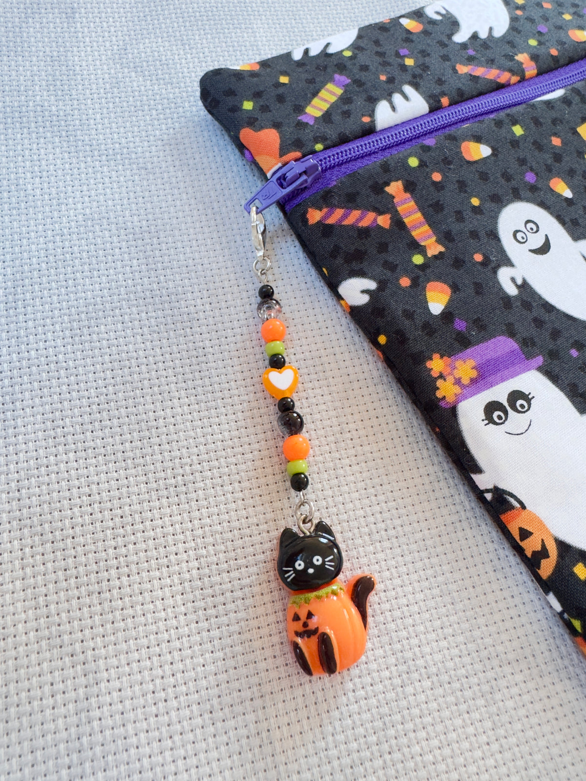 Cat in Pumpkin Bag Zip Charm