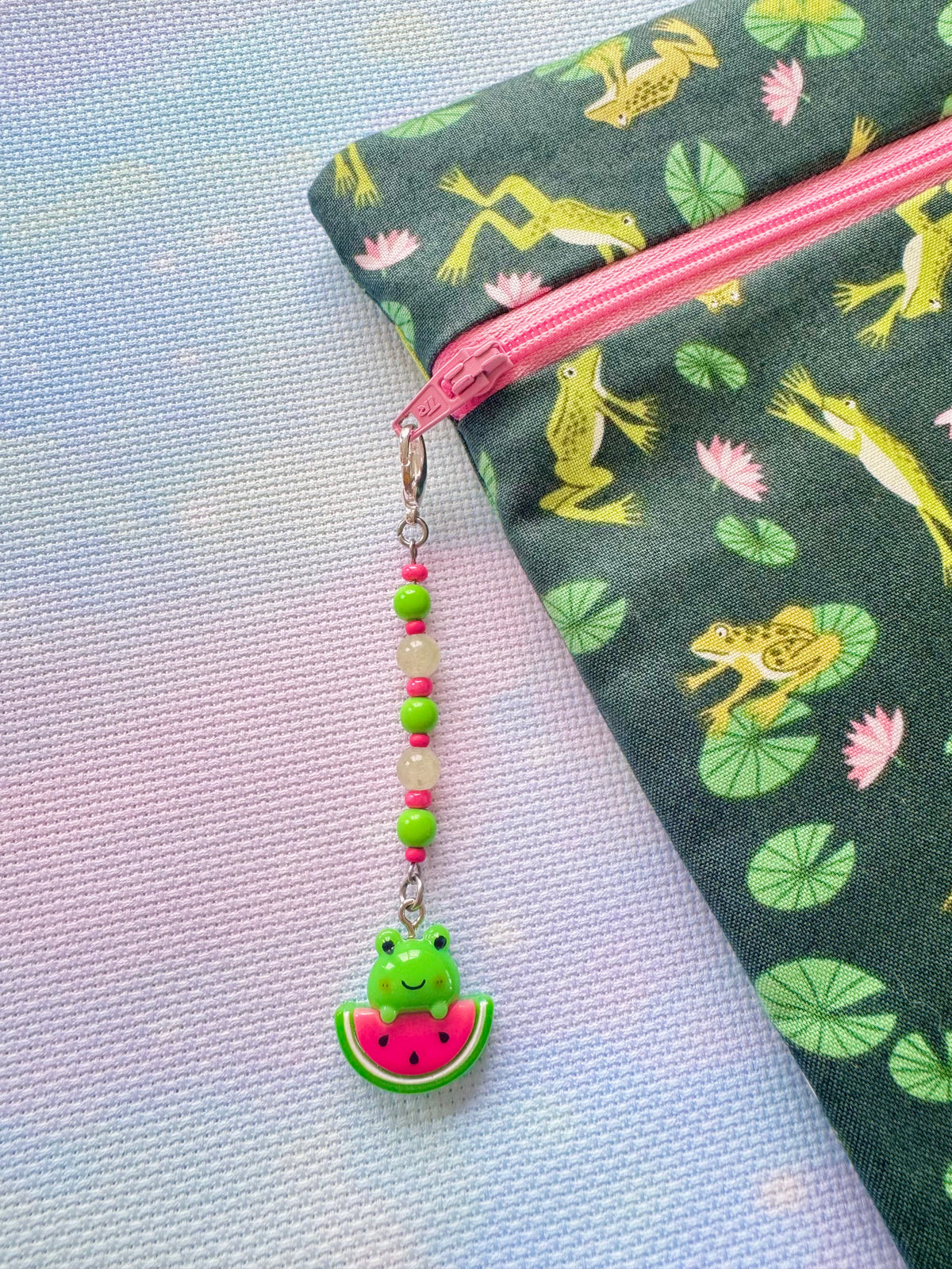 Frog with Watermelon Project Bag Zip Charm