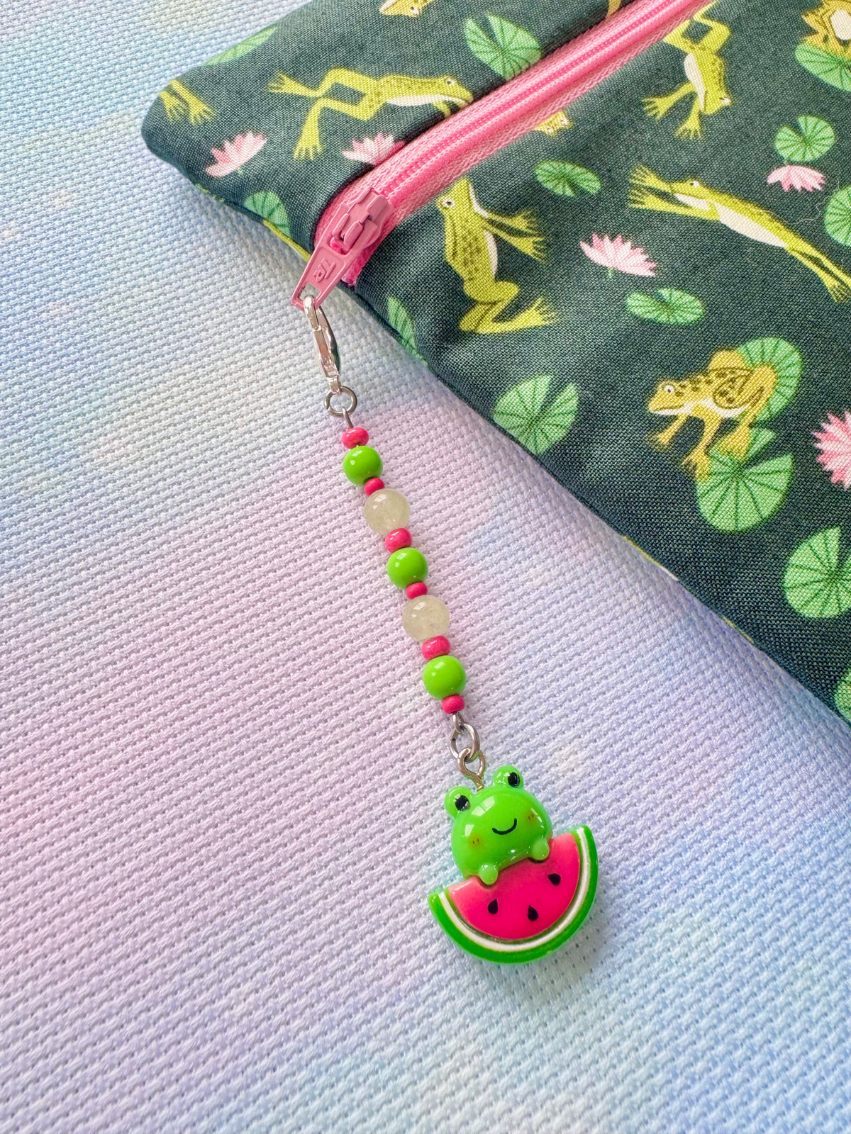 Frog with Watermelon Project Bag Zip Charm