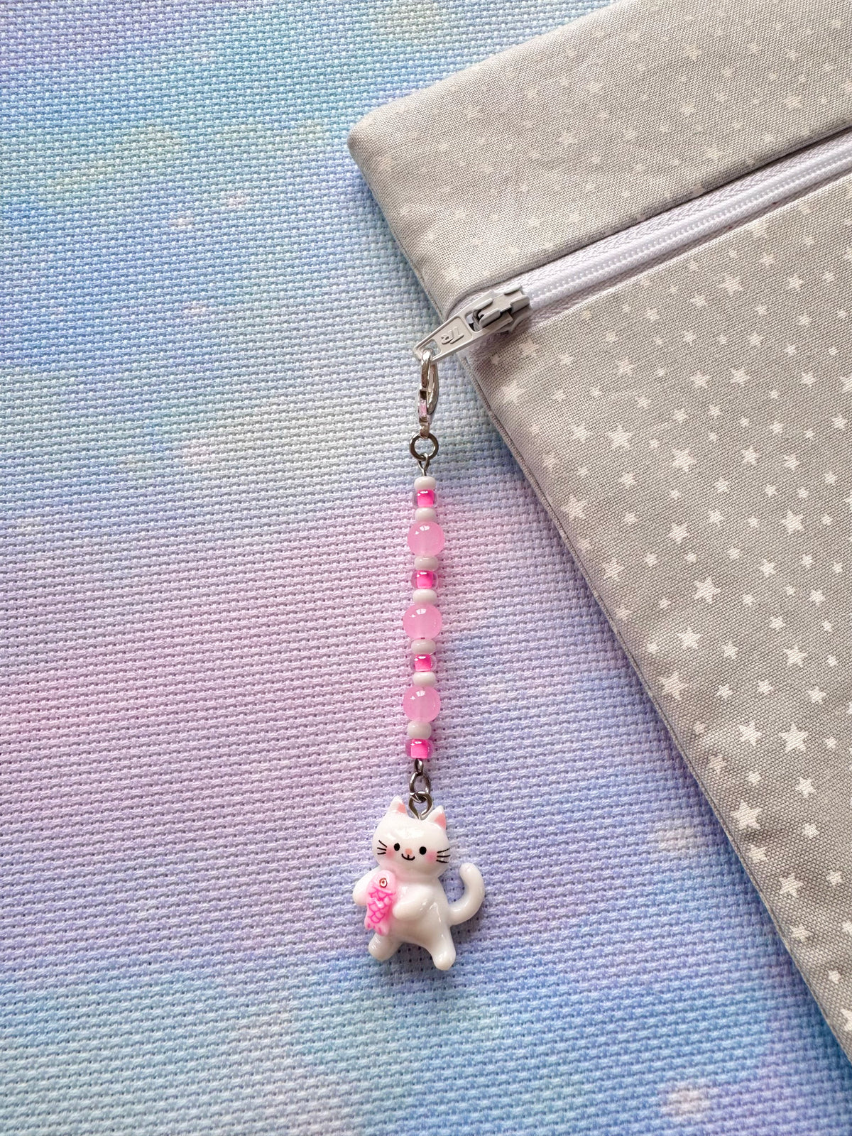 Cat with Fish Project Bag Zip Charm