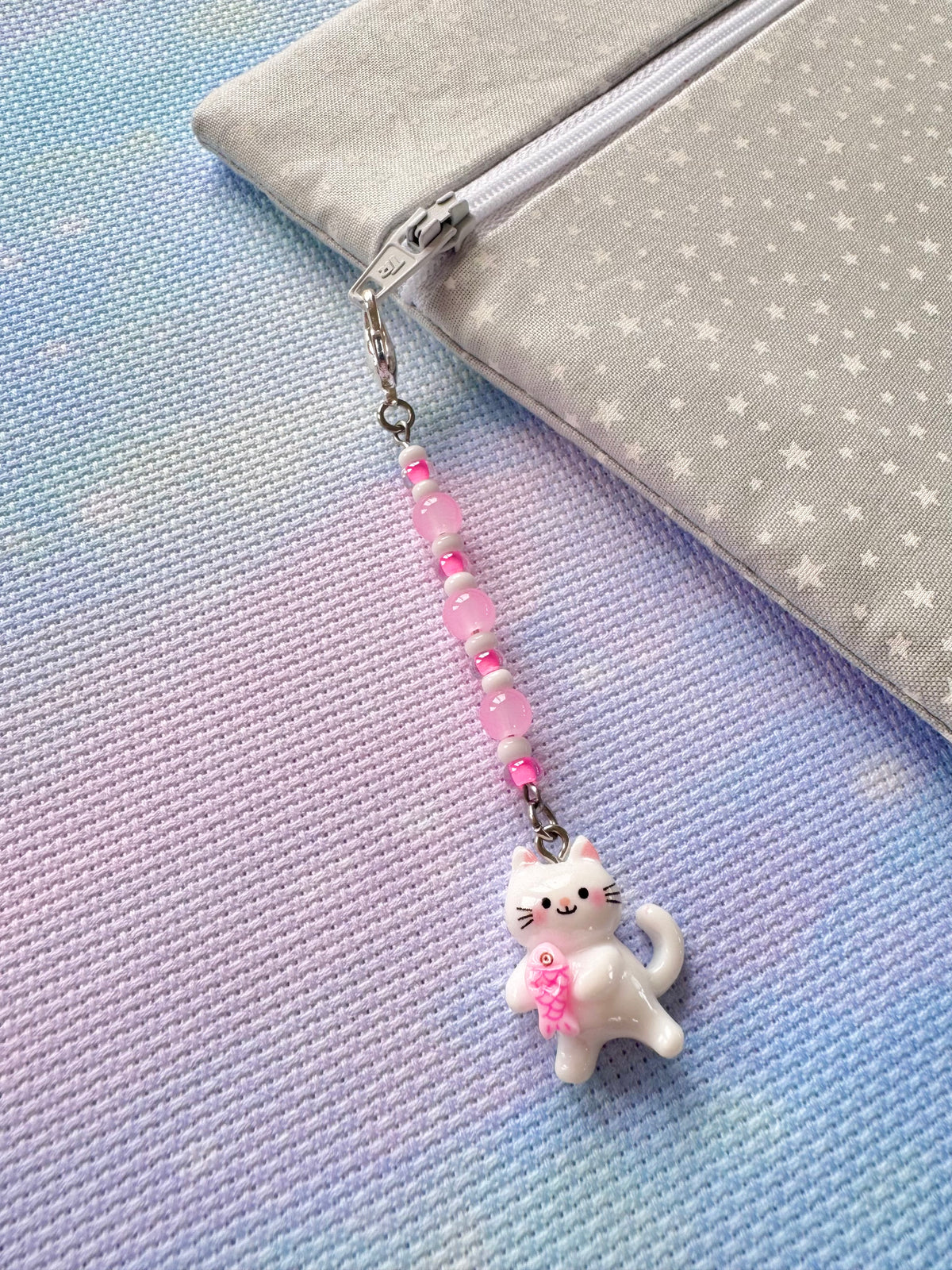 Cat with Fish Project Bag Zip Charm