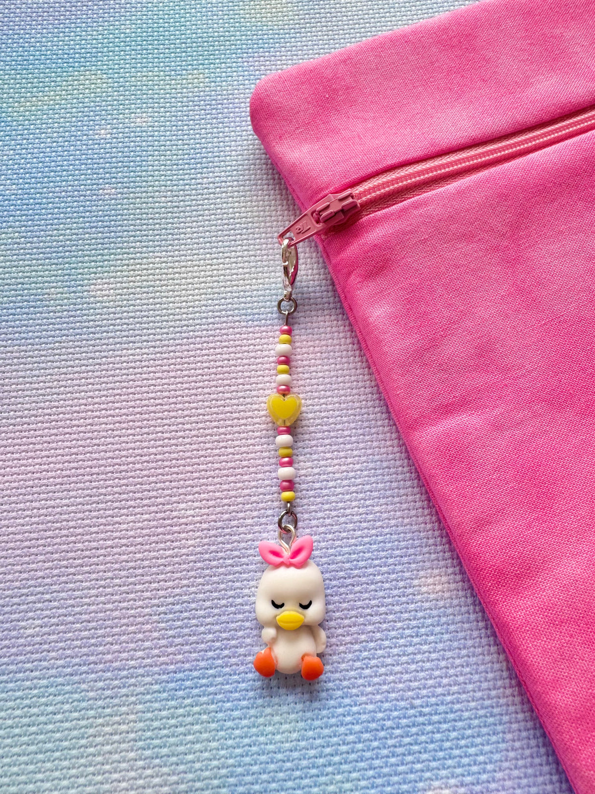 White Duck with Pink Bow Project Bag Zip Charm
