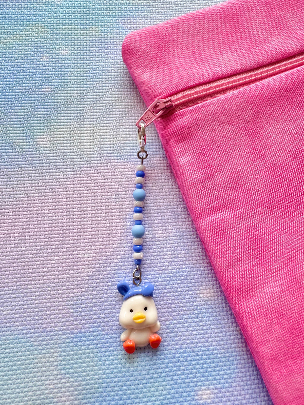 White Duck with Blue Hat Project Bag Zip Charm
