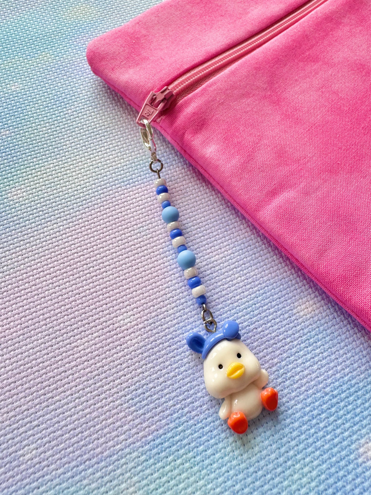 White Duck with Blue Hat Project Bag Zip Charm